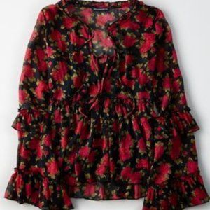 American Eagle Bell Sleeve Printed Ruffle Chiffon Blouse in Rose print